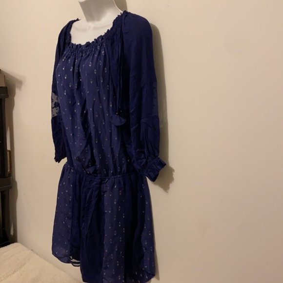 Hale Bob Navy Silk Saige blouson Patchwork Long sleeve dress Size Small - Picture 5 of 11